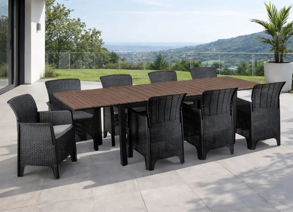 Zestaw mebli ogrodowych dla 8 osób Castello 76 z rozkładanym stołem 160-260 cm, orzech/czarny