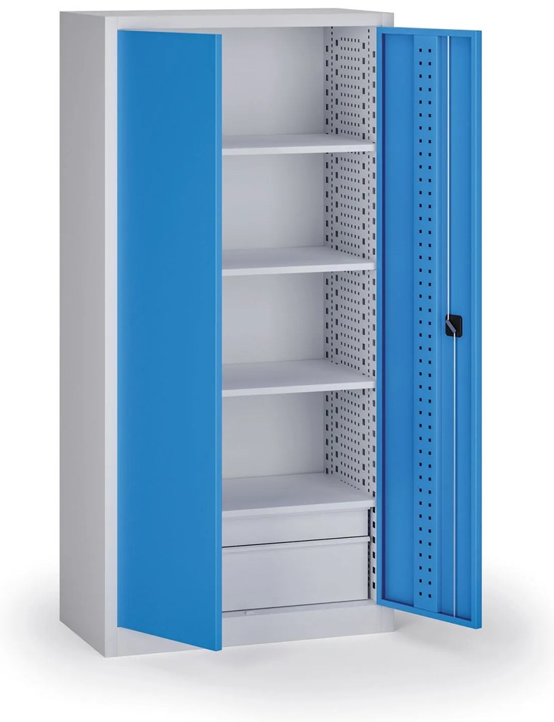 Szafa warsztatowa, 4 półki + 2 szuflady, 1950 × 950 × 500 mm, niebieskie drzwi