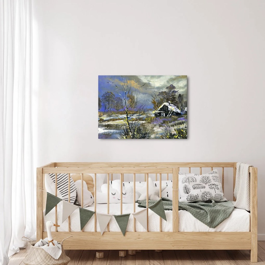 Obraz chaty w zimowym krajobrazie, obraz olejny (70x50 cm)