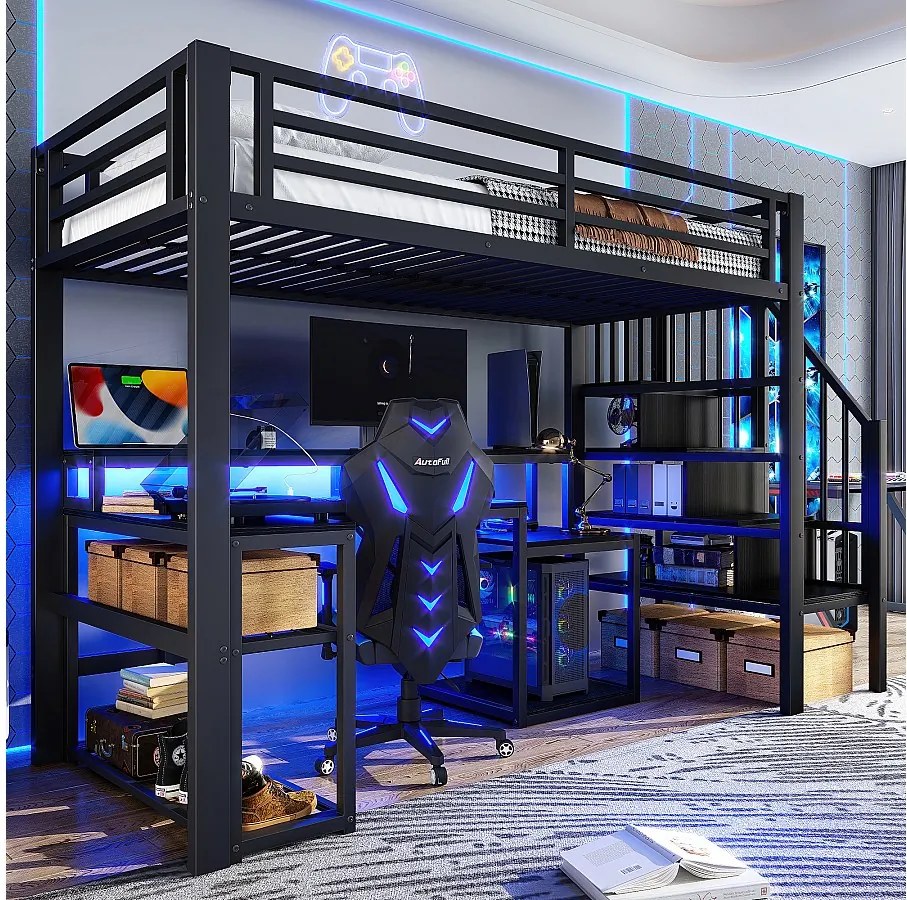 Łóżko piętrowe dla dzieci - 90 x 200 cm - rama żeliwna - z półką + drabinka + diody LED + biurko + port USB - metalowe - czarne