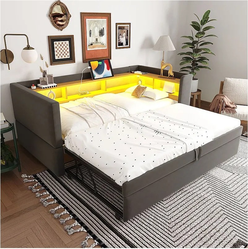 Kanapa rozkładana tapicerowana 90/180x190 cm - z oświetleniem LED - z gniazdkiem - liczne schowki - ciemnoszara (materac nie wliczony)