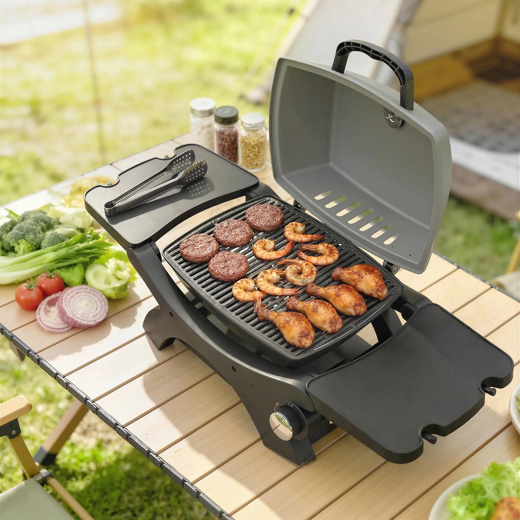 Outsunny Grill gazowy 3,3 kW Stołowy grill z 1 palnikiem składane boczne stoliki ruszty żeliwne wyjmowana taca na tłuszcz | Aosom PL