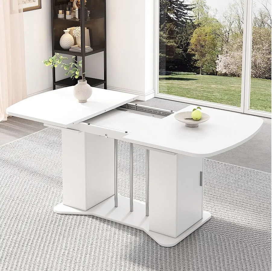 Rozkładany stół jadalny dla 4-6 osób z 2 drzwiami - 120/160 x 80 x 75 cm - drewno MDF - biały + nogi srebrne