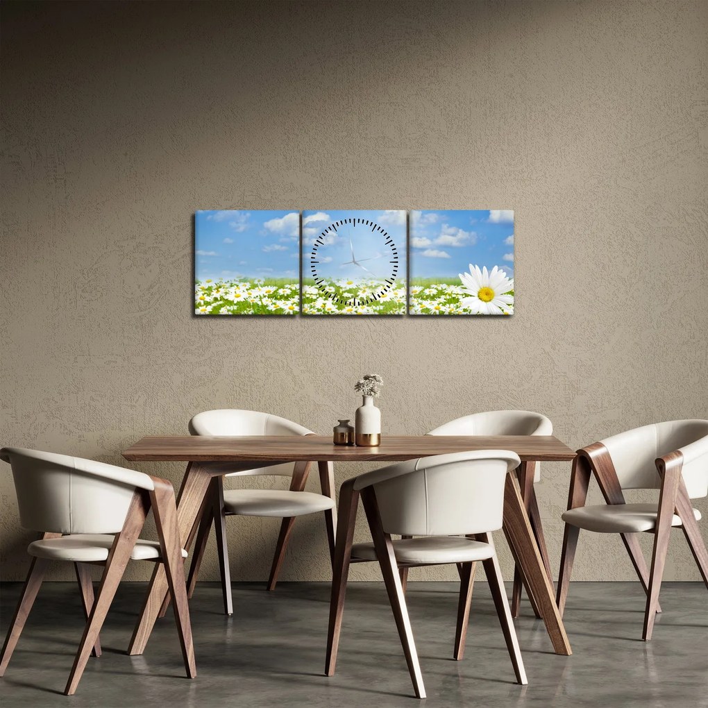 Obraz kwitnącej łąki ze stokrotkami (z zegarem) (90x30 cm)