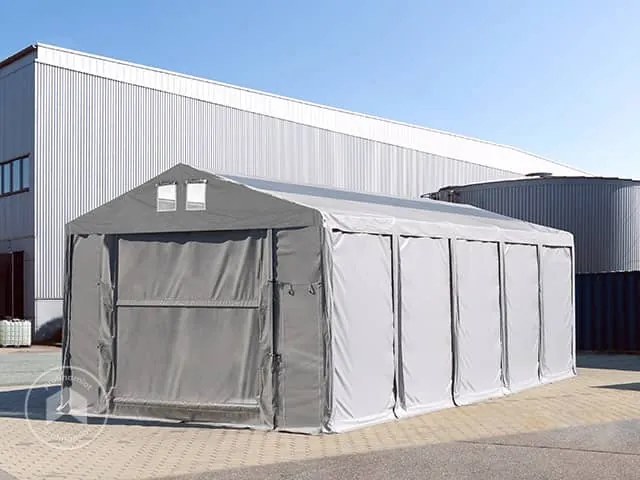 TOOLPORT 8x12m Namiot magazynowy - 3,6 m wysokość ścian bocznych z podciąganą do góry bramą i świetlikami dachowymi, PVC 850, szary, ze statyką (podłoże gruntowe) - (93829)