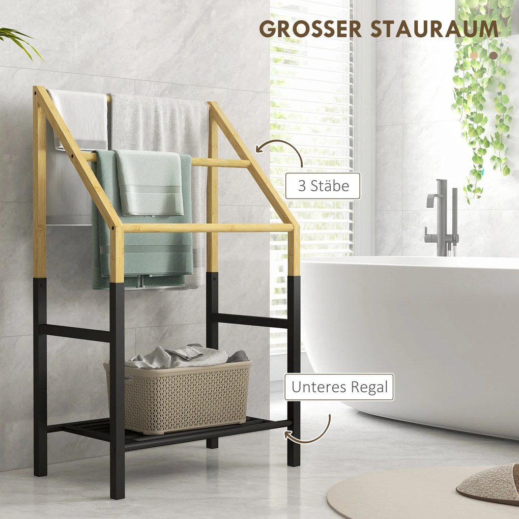 HOMCOM Uchwyt na Ręczniki, Wolnostojący, 3 Pręty, 51x31x85,5cm, Czarny/Drewno naturalne