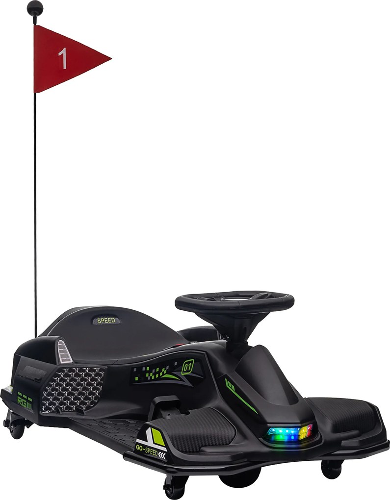 HOMCOM Elektryczny Gokart dla Dzieci, Koła z Ekoskóry, 3-8 km/h, ze Światłami i Muzyką, Czarny