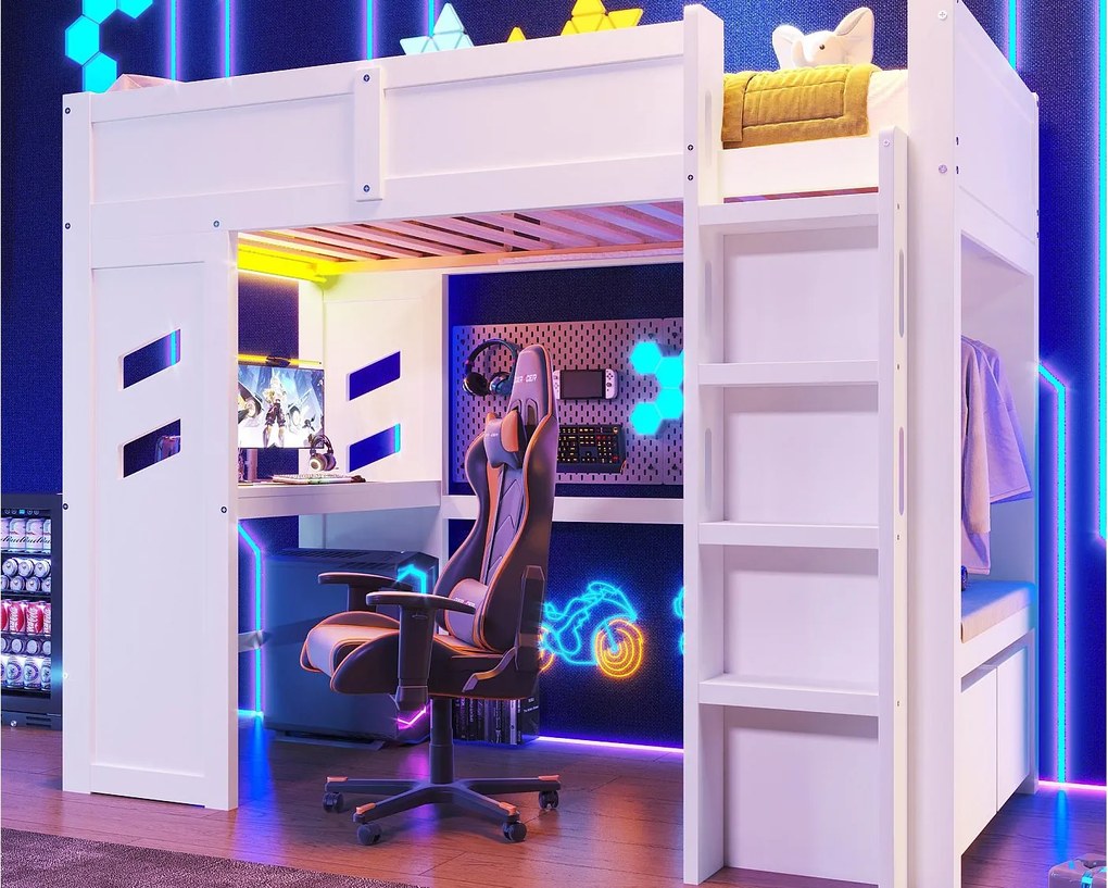 Łóżko na antresoli 90x200 cm - z biurkiem - z oświetleniem LED - z 1 portem USB - z drabiną + szufladą + suszarką - Biały