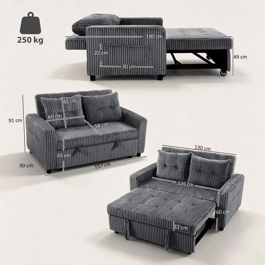HOMCOM Sofa-łóżko 2-osobowa, pokrycie ze sztruksu, przekształcalna w sofę rozkładaną, 2 poduszki, kieszenie boczne, 157 x 190 cm, ciemnoszara | Aosom PL