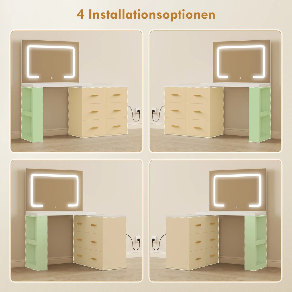 HOMCOM Toaletka z regulowanym lustrem LED, gniazdka, 6 szuflad, 2 otwarte półki, biały