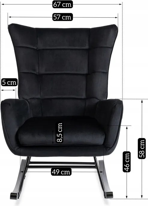 Fotel Bujany na Biegunach Uszak Wypoczynkowy JACKSON Czarny Welurowy do Salonu Nowoczesny