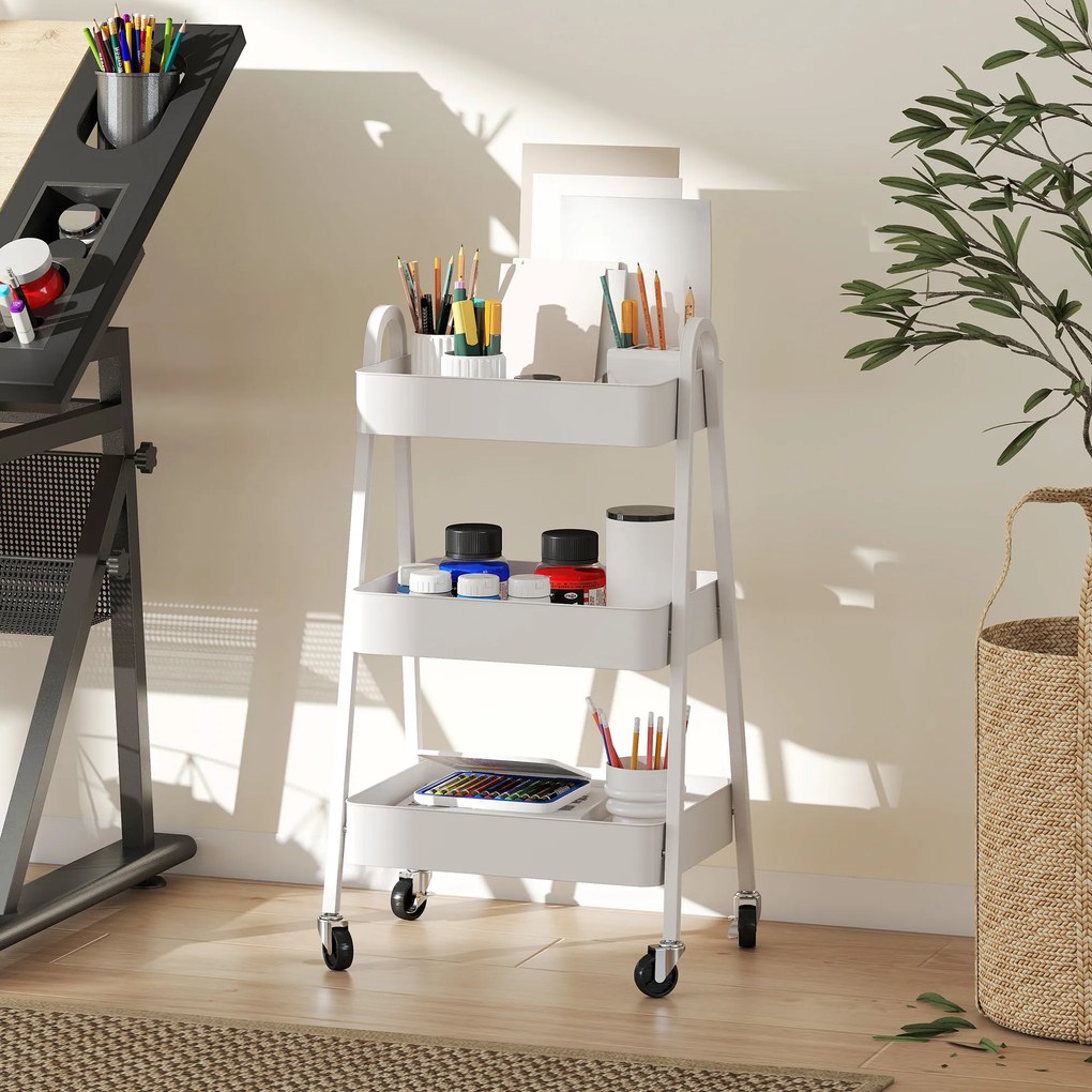 HOMCOM Wózek Serwisowy z 3 Poziomami na Kółkach z Uchwytem i Hamulcem do Kuchni, Biura, Łazienki, Biały