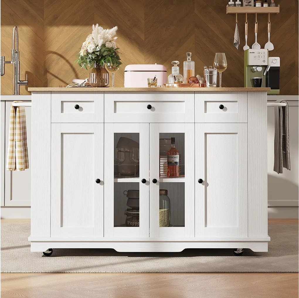 Mobilna wyspa kuchenna z 4 drzwiami, 3 szufladami i półkami bocznymi - Rozkładany blat - 151,5x60(85)x91,7 cm - MDF + szkło - Biały