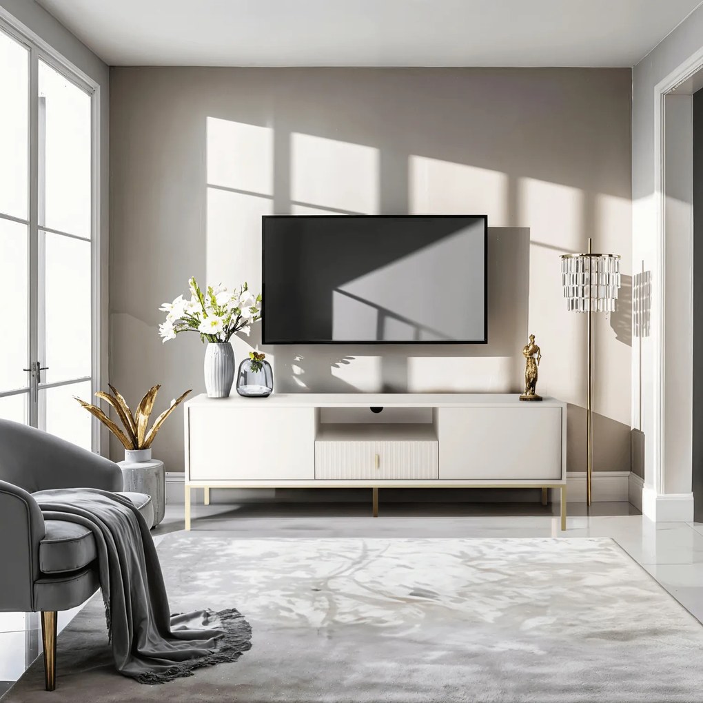 Szafka RTV do Salonu z Szufladą MARCOS 154 cm Kaszmir/Złoty Ryflowana Nowoczesna