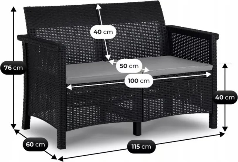 Zestaw mebli ogrodowych Amilio czarny technorattan sofa 2 fotele stolik taras balkon ogród