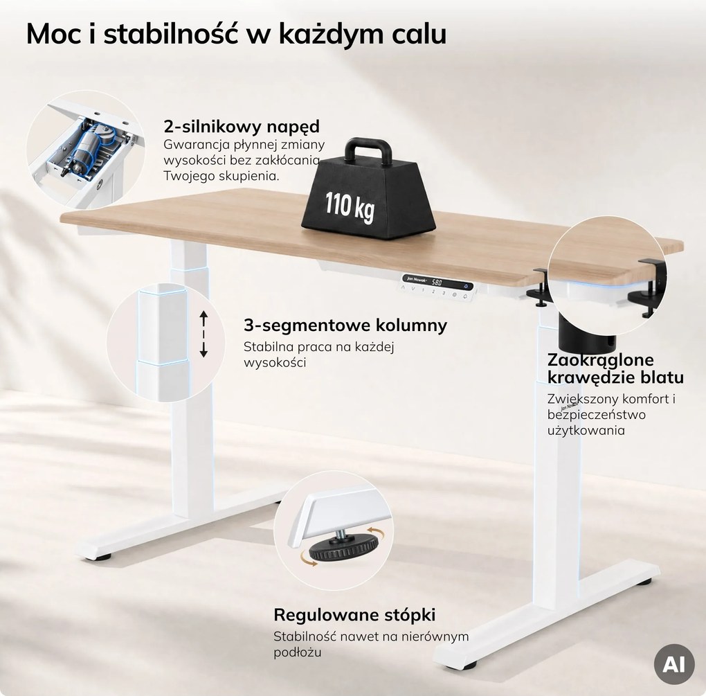 Biurko elektryczne z regulacją wysokości ergonomiczne białe/dąb sonoma,1200x600 mm: ARIA