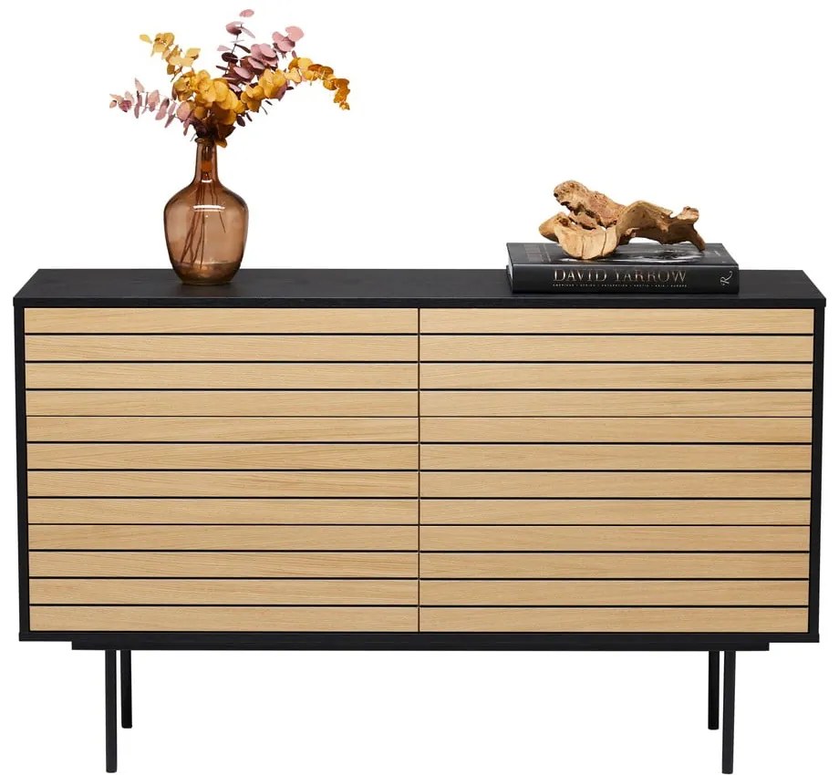 Czarna/naturalna niska komoda w dekorze dębu 140x84 cm Stripe – Woodman