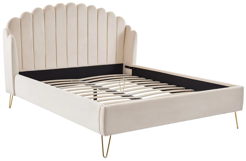 Łóżko 140 x 190 cm z zagłówkiem płotkiem - Welur - Beżowy + Materac - SAGALI