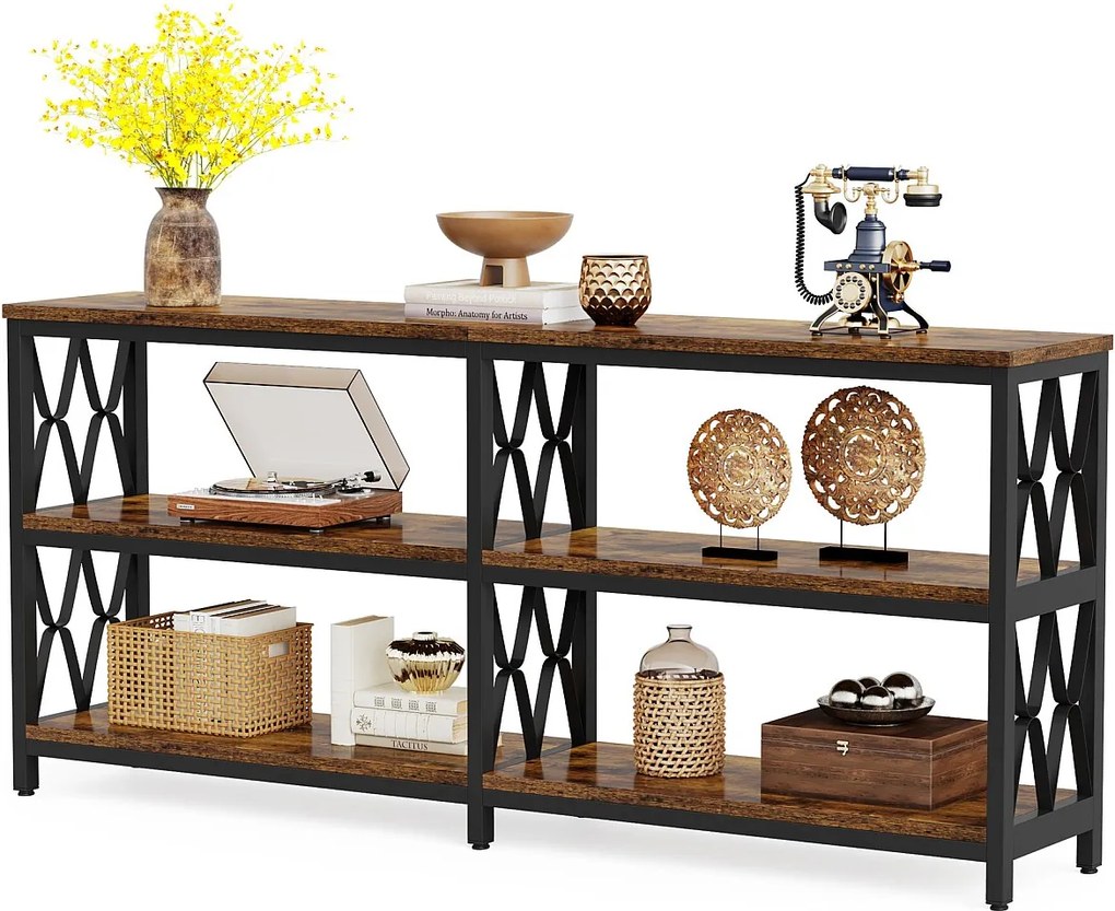 Stolik konsolowy z półkami do przechowywania, 180 cm, industrialny stolik kawowy z 3 poziomami do salonu