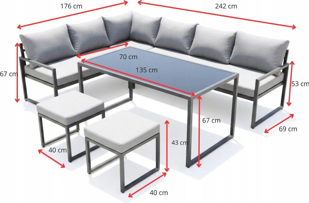 Zestaw mebli ogrodowych Borello - narożnik z 2 pufami i stołem obiadowym