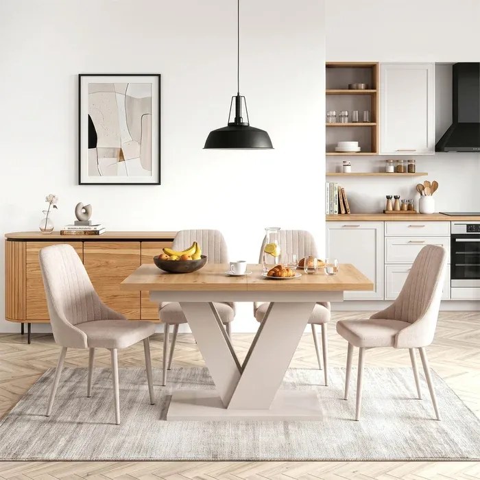 Zestaw Stół Prostokątny Rozkładany CLARK 120-160 cm Dąb Artisan/Kaszmir i 4 Krzesła TORINO Kremowe