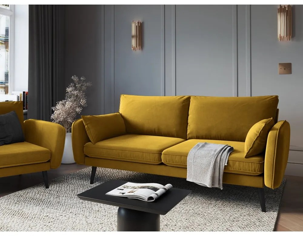 Żółta aksamitna sofa z czarnymi nogami Kooko Home Lento, 198 cm