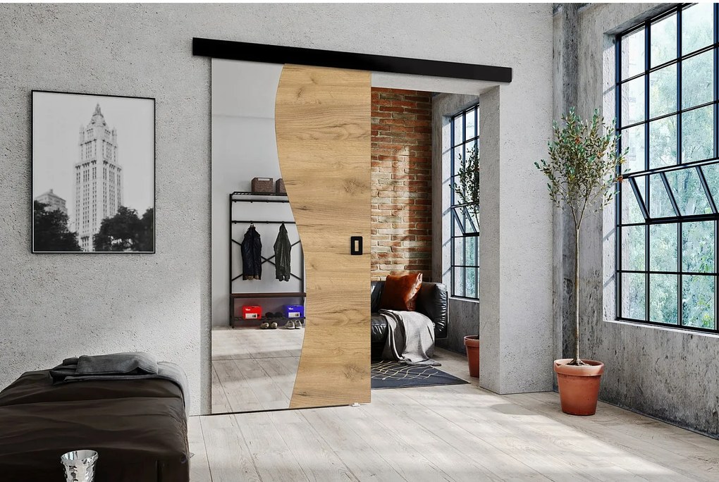 Emporius drzwi przesuwne 100 cm Kaja - drzwi naścienne z lustrem do salonu, garderoby - Dąb craft złoty