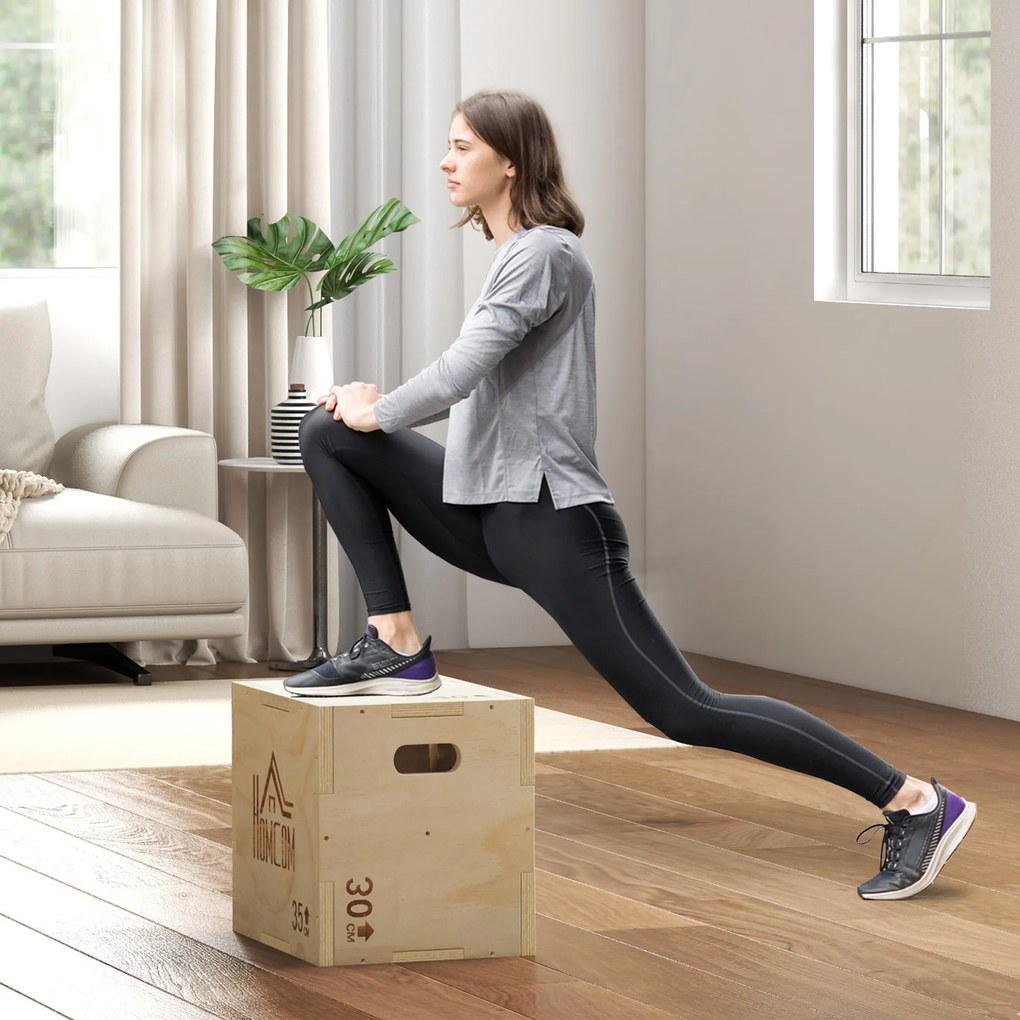 HOMCOM 3-w-1 Plyo Box drewniana skrzynia plyometryczna z 3 wysokościami skoku i uchwytami 40,5 x 35,5 x 30,5cm drewno naturalne