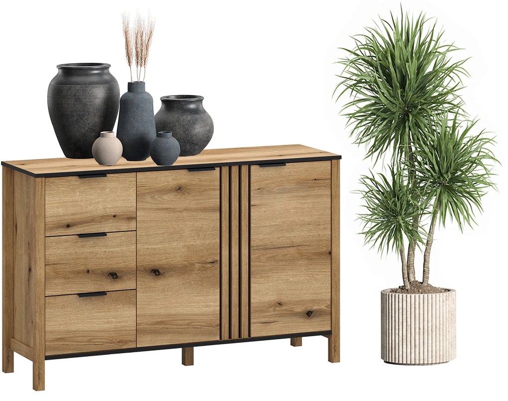 Komoda Dwudrzwiowa z Szufladami i Lamelami Drewniana do Salonu VERVE 138 cm Dąb Evok Klasyczna Loft
