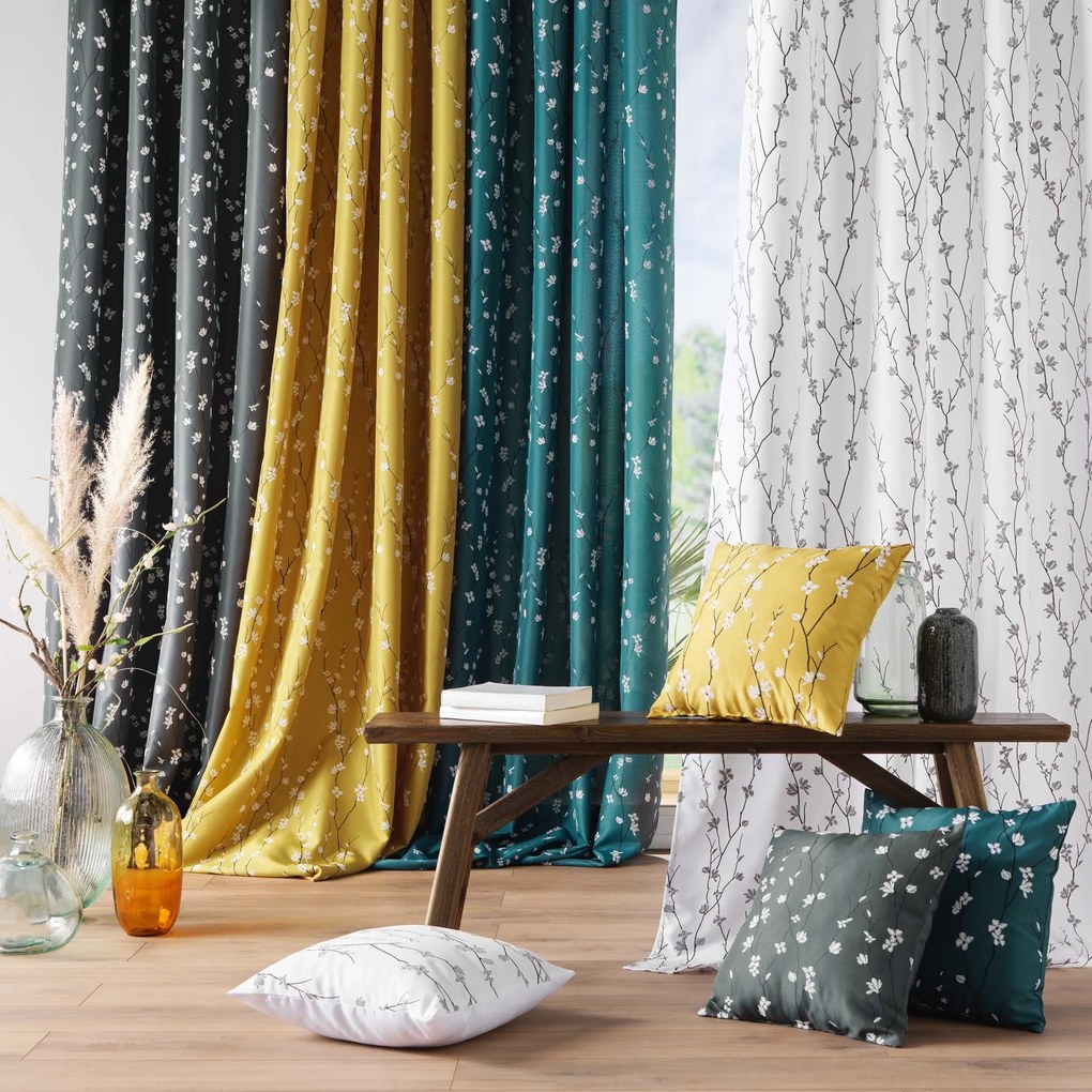 Zasłona grafitowa SAKURA, na przelotkach, wzór roślinny