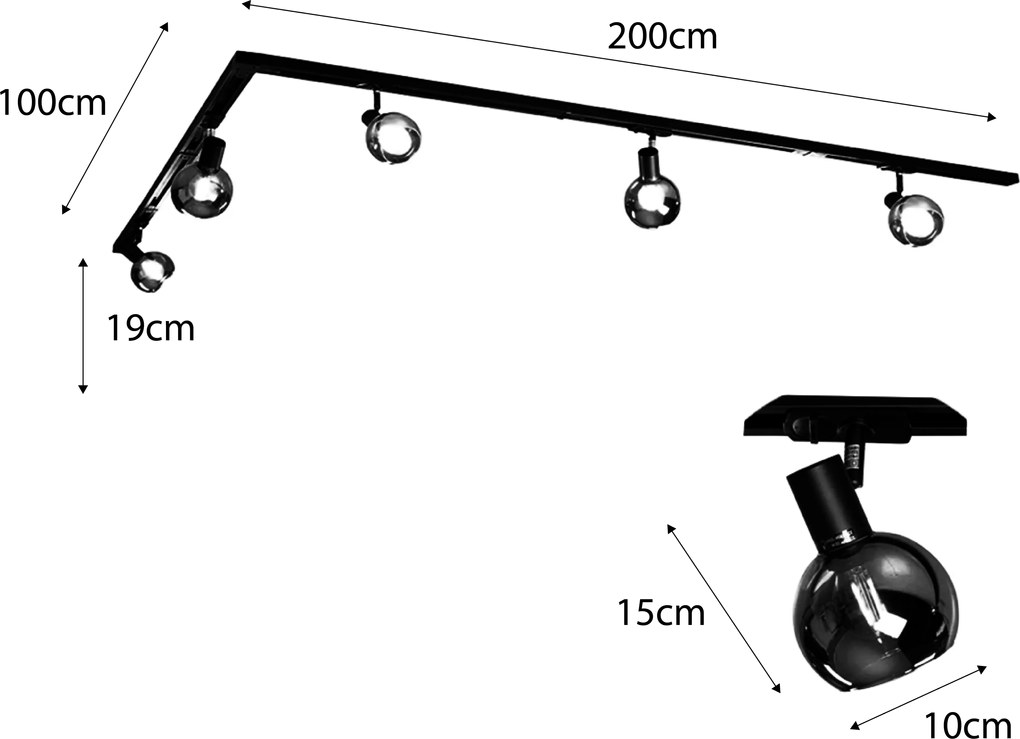 Nowoczesny system oświetlenia szynowego z 5 czarnymi reflektorami jednofazowymi - Iconic Lava