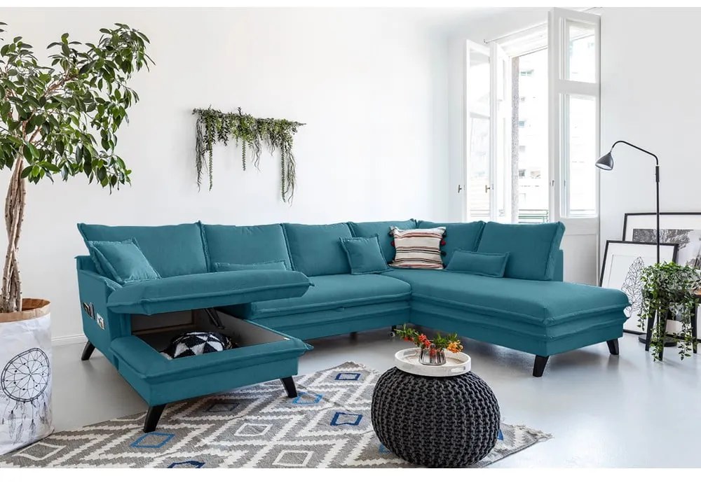 Turkusowa rozkładana sofa w kształcie litery "U" Miuform Charming Charlie, prawostronna