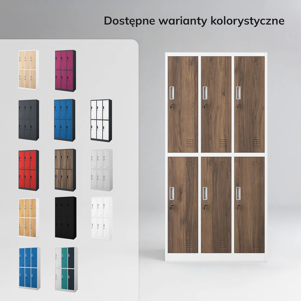 Szafka socjalna ubraniowa BHP biała / orzech 6-drzwiowa: Eco Design IGOR, 900 x 1850 x 450 mm