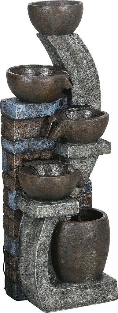 Outsunny Fontanna Ogrodowa, Styl Ceglanym, 5-stopniowa, Zasilana Słonecznie, Diodami LED, 107cm, Żywica Syntetyczna, Szary/Brąz