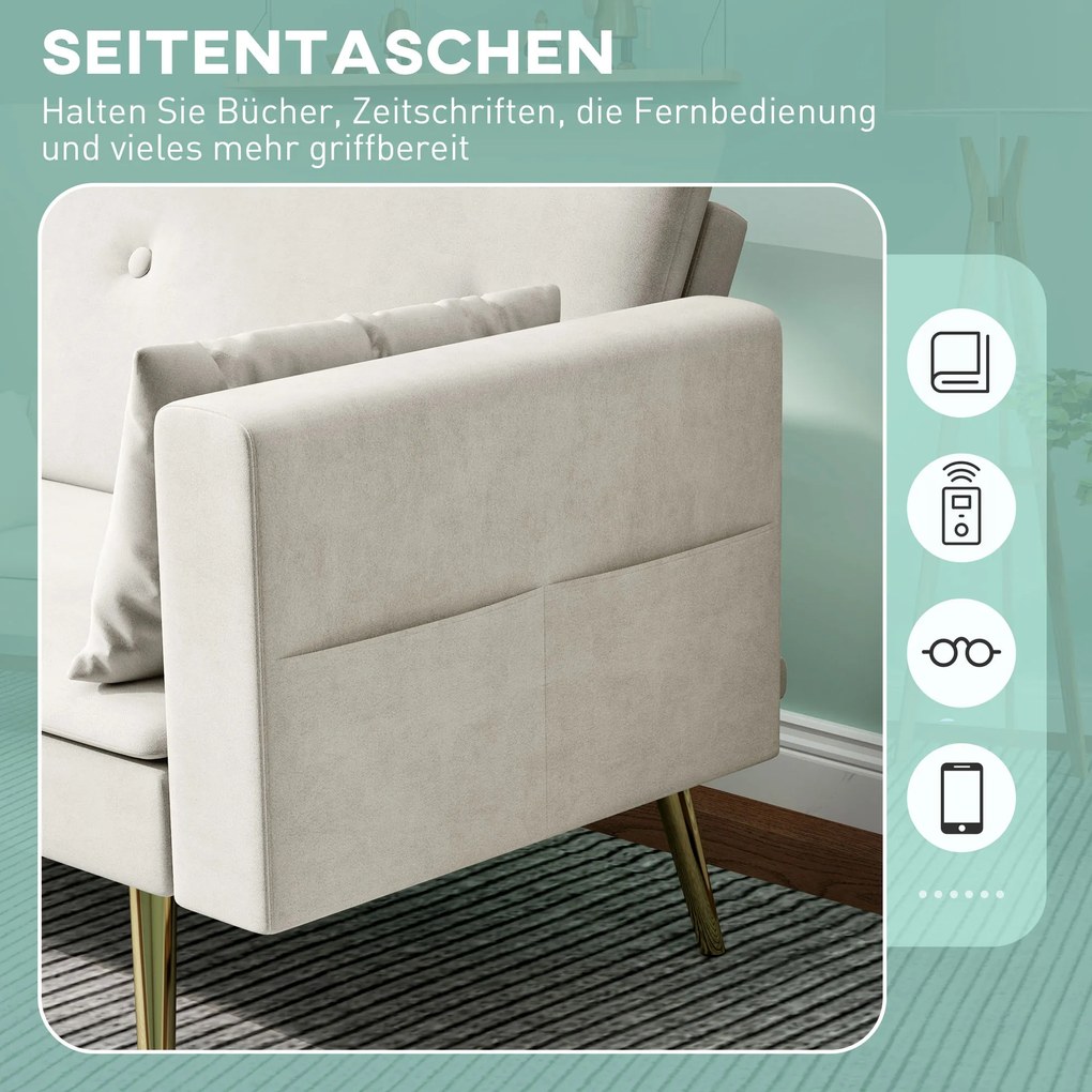 HOMCOM Sofa do spania 2-osobowa regulowane oparcie miękkie poduszki Beżowy pokrycie aksamit do salonu pokoju gościnnego | Aosom PL