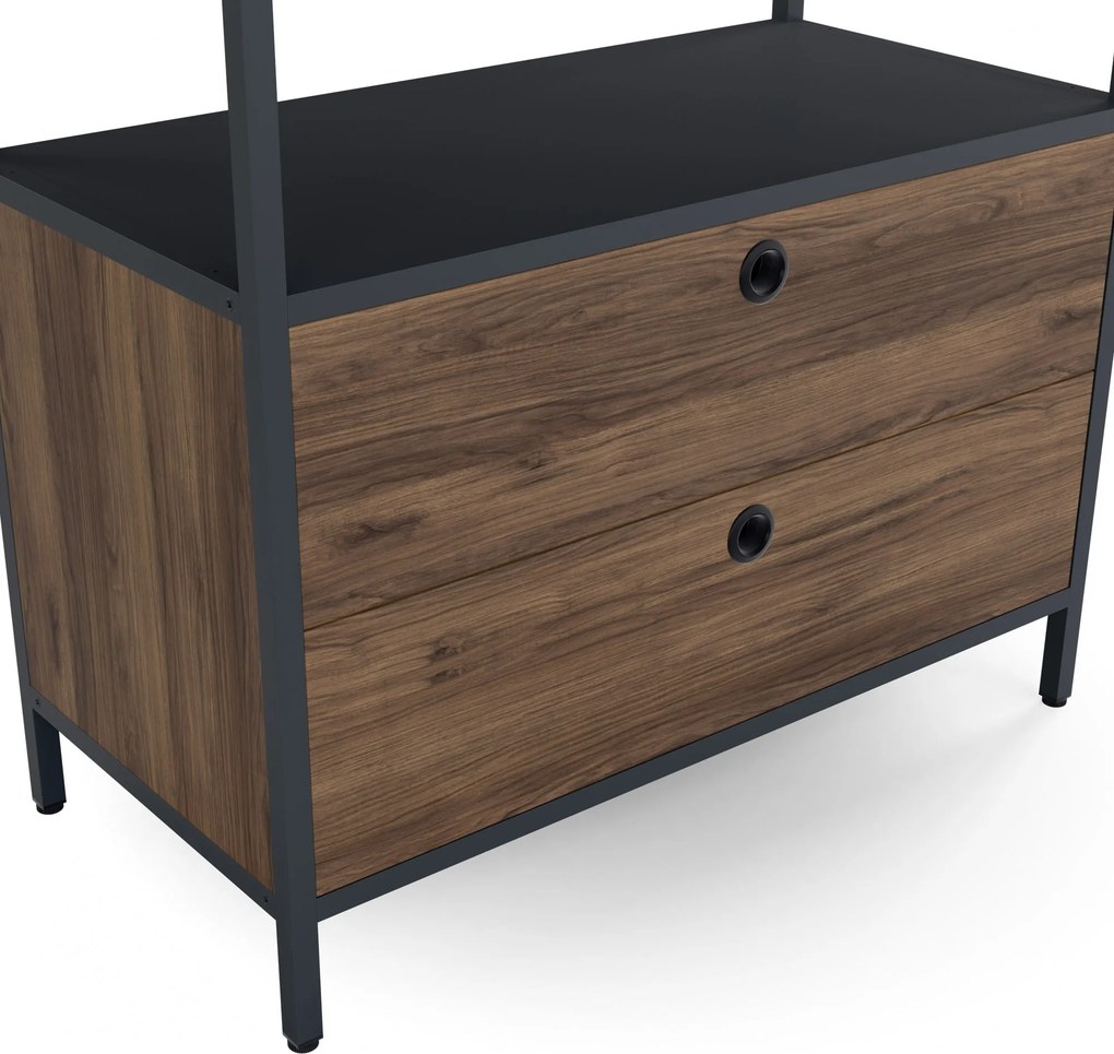 Regał z szufladami do biura, na segregatory i dokumenty, otwarte półki, metalowy, antracytowy/orzech, 800x2200x400 mm: ARIEL Eco Design