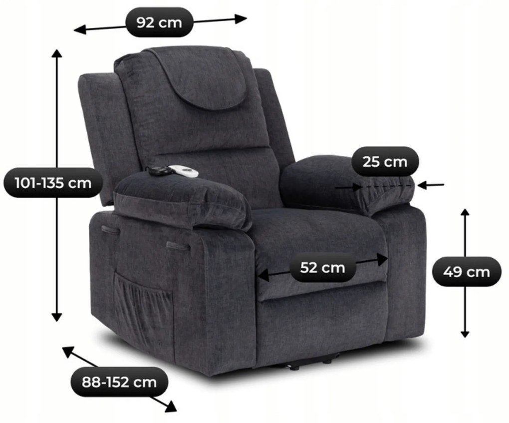 Fotel Masujący FENIX z Funkcją Wstawania Elektrycznie Rozkładany Ciemny Popiel Nowoczesny