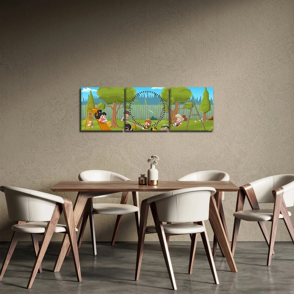Obraz - Dzieci na placu zabaw (z zegarem) (90x30 cm)