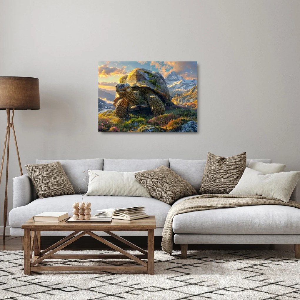 Obraz na szkle - Żółw i górski krajobraz (70x50 cm)