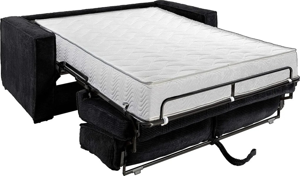 Kanapa 4-osobowa rozkładana typu ekspres z czarnego sztruksowego aksamitu  - Powierzchnia spania z szerokimi listwami 160 cm - Materac 22 cm z pianką z pamięcią kształtu LORETO
