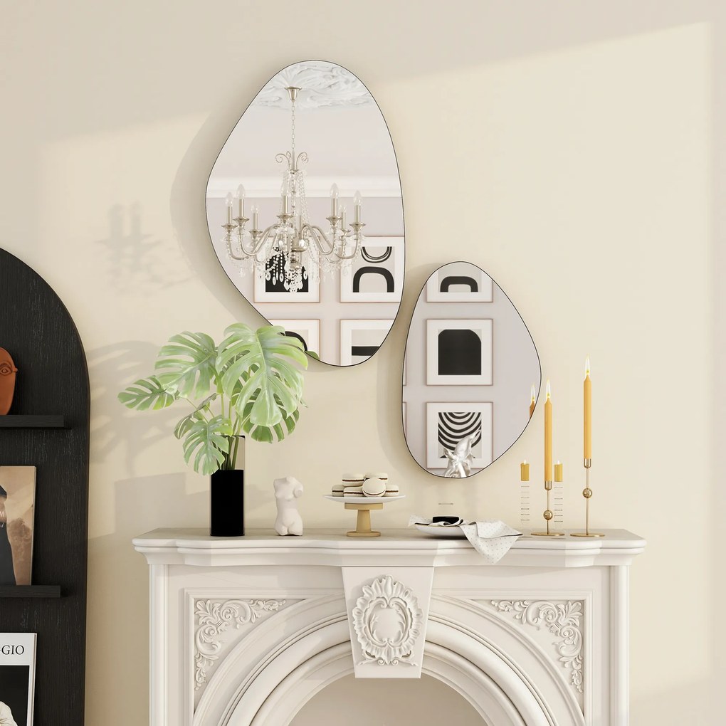 HOMCOM Zestaw 2 luster ściennych 70 x 46 cm, 49,5 x 31 cm Lustro z metalową ramą Lustro wiszące w kształcie kamienia, Czarny | Aosom PL