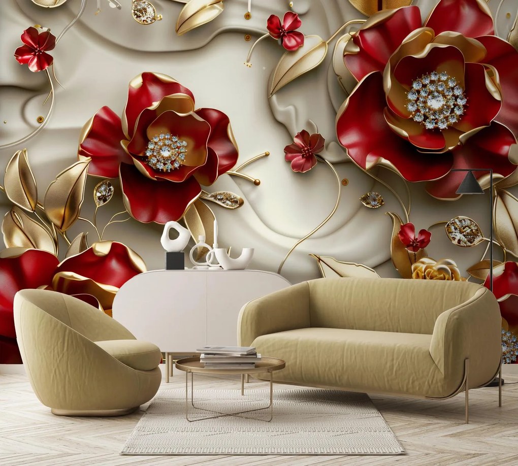 Fototapeta - 3D czerwono-złote kwiaty (196x136 cm)