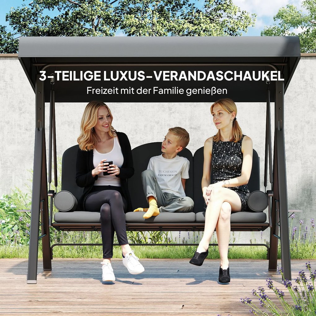 Outsunny Huśtawka Hollywood 3-osobowa huśtawka ogrodowa z daszkiem, półką, poduszką do 360kg Ciemnoszary | Aosom PL