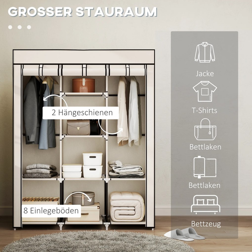 HOMCOM Szafa z tkaniny, rozwiązanie do przechowywania, 8 półek, 2 drążki na ubrania, kremowa