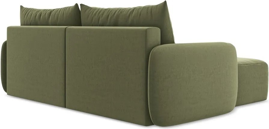 Zielony aksamitny rozkładany narożnik ze schowkiem (lewostronny/z szezlongiem) Kalena – Makamii