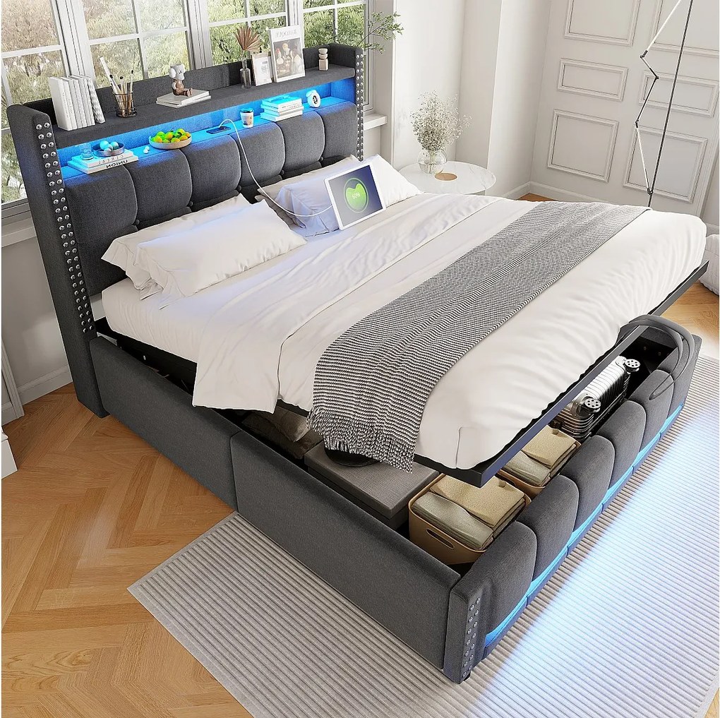 Łóżko z pojemnikiem 140x200 cm - Łóżko dla dorosłych z oświetleniem LED i ładowaniem USB - Zagłówek z półkami i schowkiem - Szary len