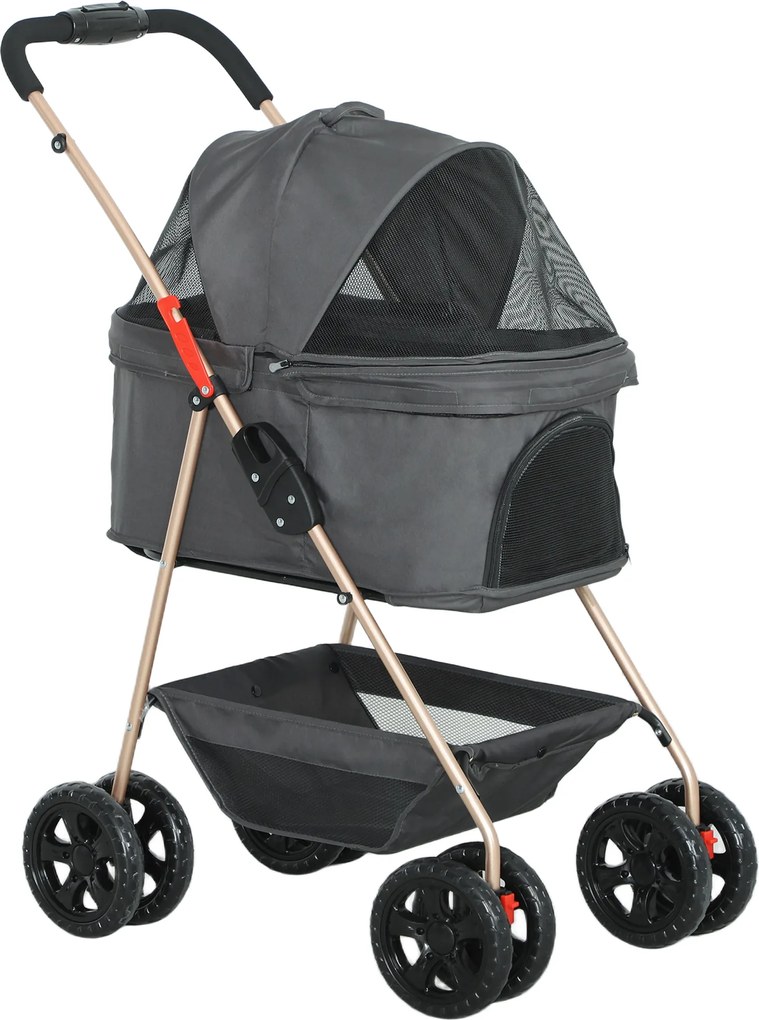 PawHut 3 w 1 Składany Wózek dla Zwierząt Domowych z 4 Kołami i Zdejmowaną Torbą dla Psów i Kotów, Szary