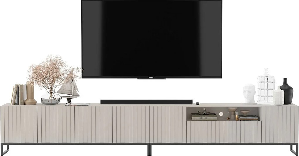 Szafka RTV z 7 drzwiami i wnęką - korpus Kaszmir mat, fronty ryflowane Kaszmir mat - 300 cm, czarna metalowa rama