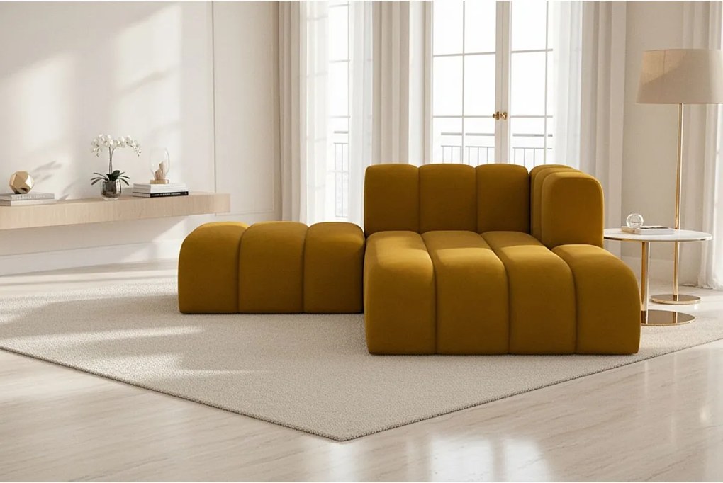 Szezlong z pufą Grand, tkanina Salvador, Żółty, Prawy