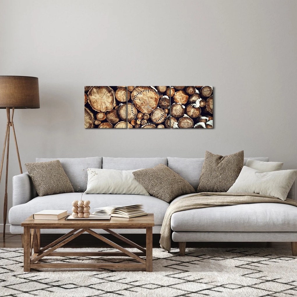 Obraz - Drewno w śniegu (z zegarem) (90x30 cm)